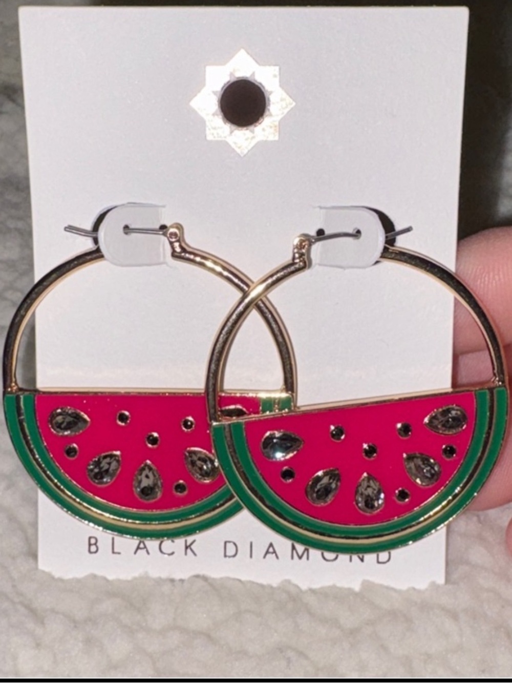 NEW-Black Diamond-Watermelon Lg Hoop Earrings-Gold Tone-Pink/Green Enamel-Stones